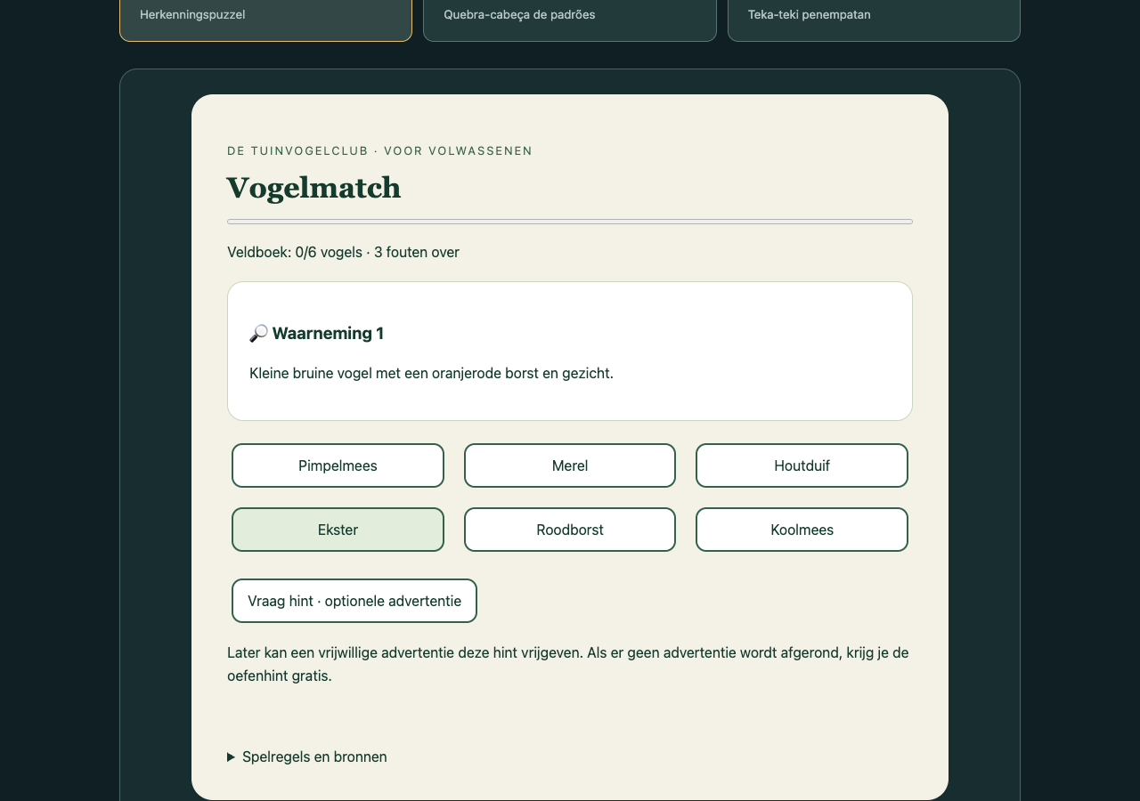 Illustrated birds in the Vogelmatch recognition puzzle