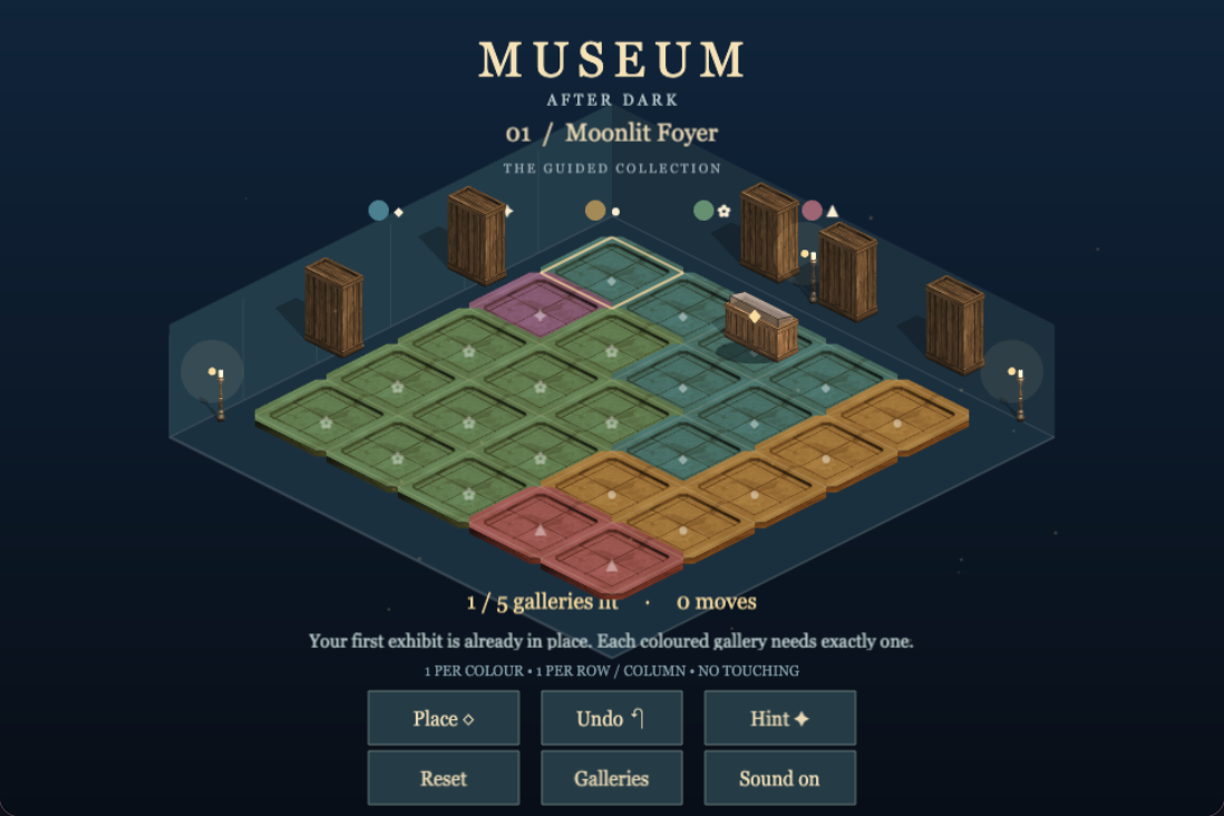 An isometric museum puzzle with coloured galleries